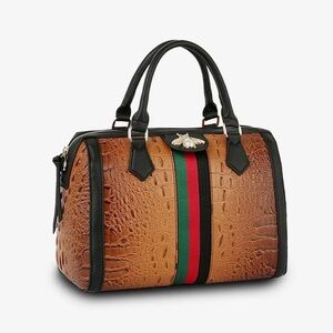 Brown Croc-Embossed Satchel with Green-Red Stripe